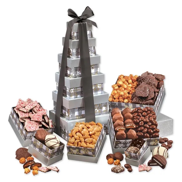 Gray plaid snowflake tower filled with chocolates and other treats... from ASI 68680 Maple Ridge Farms Inc