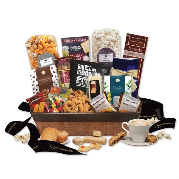cork-like basket with faux leather trim filled with snacks and treats... from ASI 68680 Maple Ridge Farms Inc