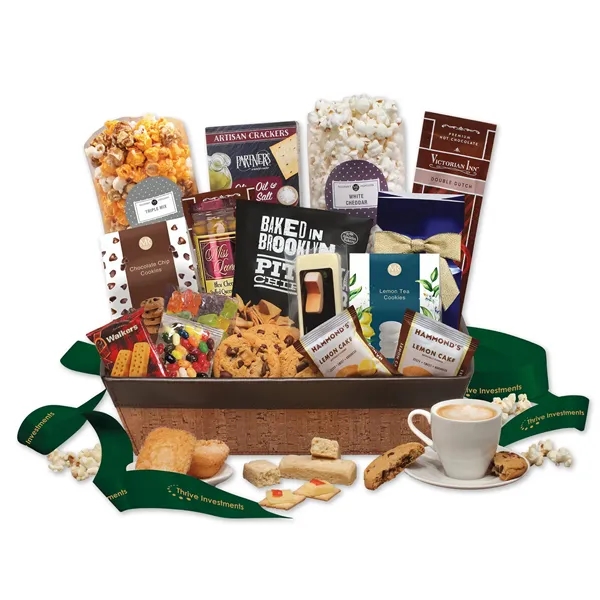 cork-like basket with faux leather trim filled with snacks and treats... from ASI 68680 Maple Ridge Farms Inc