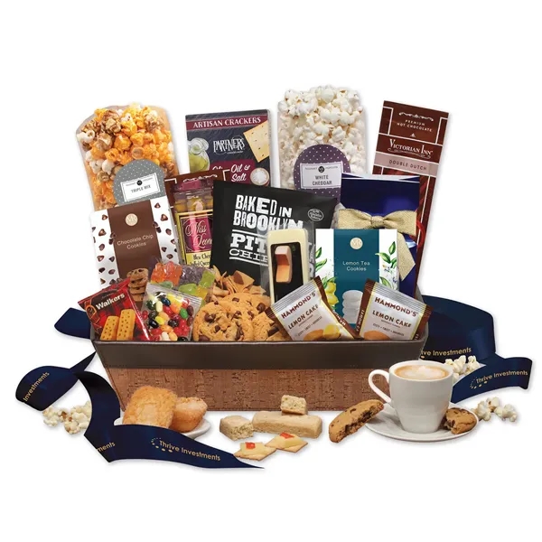 cork-like basket with faux leather trim filled with snacks and treats... from ASI 68680 Maple Ridge Farms Inc