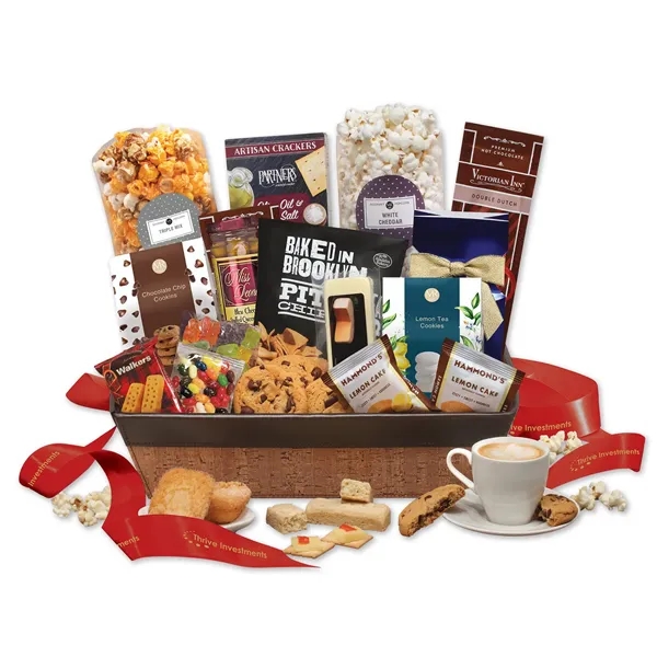 cork-like basket with faux leather trim filled with snacks and treats... from ASI 68680 Maple Ridge Farms Inc