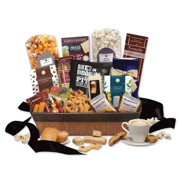 cork-like basket with faux leather trim filled with snacks and treats... from ASI 68680 Maple Ridge Farms Inc