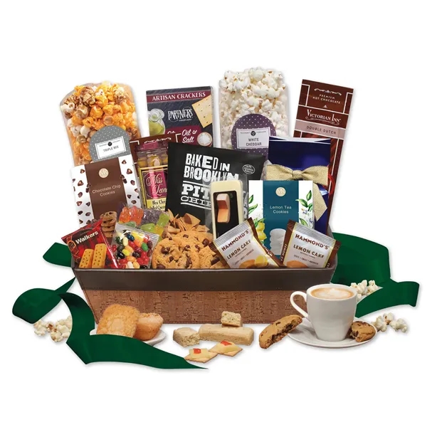 cork-like basket with faux leather trim filled with snacks and treats... from ASI 68680 Maple Ridge Farms Inc