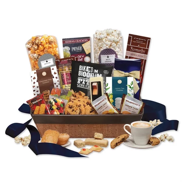 cork-like basket with faux leather trim filled with snacks and treats... from ASI 68680 Maple Ridge Farms Inc