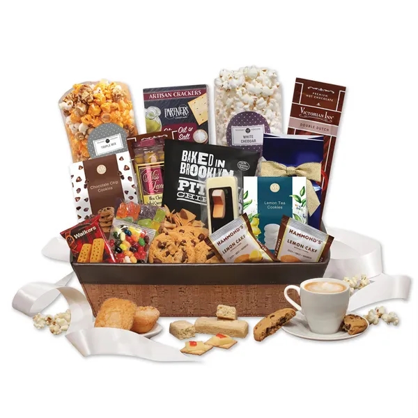 cork-like basket with faux leather trim filled with snacks and treats... from ASI 68680 Maple Ridge Farms Inc