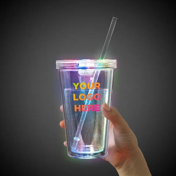 Clear plastic, double-walled travel cup with lid, straw and built-in LED... from ASI 42016 Brighter Promotions Inc
