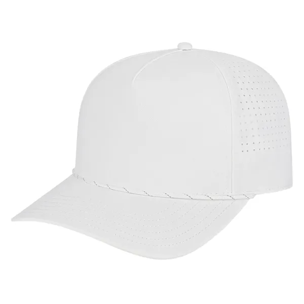 Medium profile five panel structured cap with a modified flat visor... from ASI 43792 Cap America Inc
