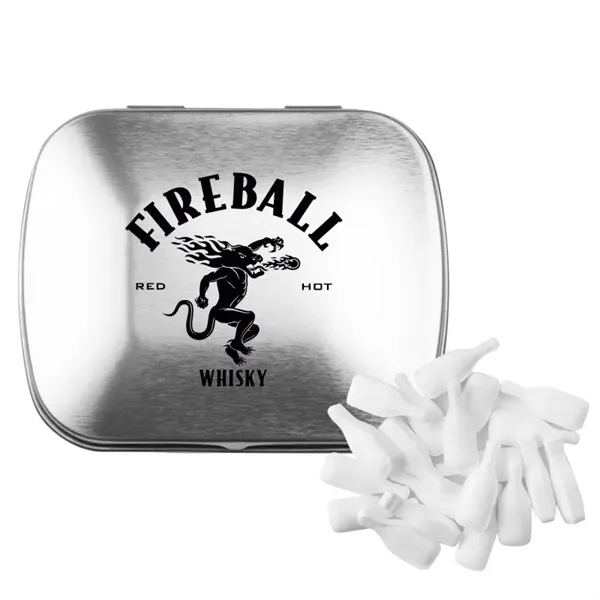 Customizable domed tin filled with bottle shaped, sugar-free mints; includes full... from ASI 44900 NC Custom (CI/Lanco) / Chocolate Inn Chocolate Inn/Taylor & Grant Lanco