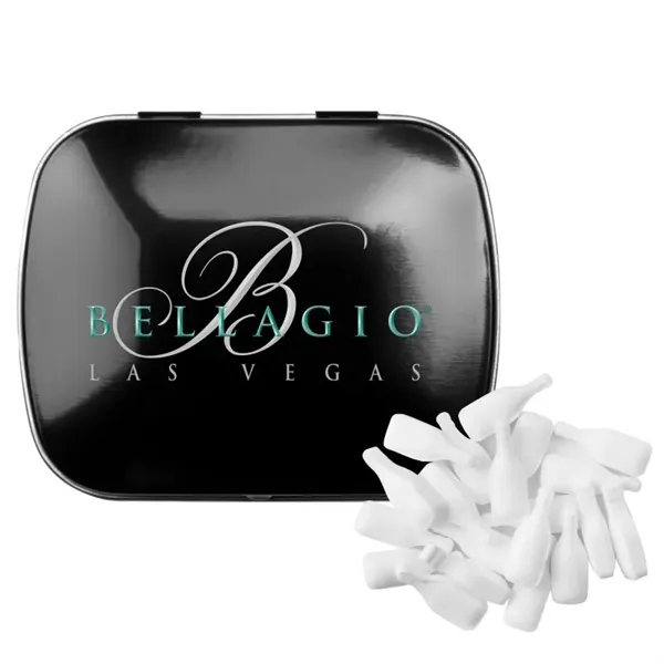 Customizable domed tin filled with bottle shaped, sugar-free mints; includes full... from ASI 44900 NC Custom (CI/Lanco) / Chocolate Inn Chocolate Inn/Taylor & Grant Lanco