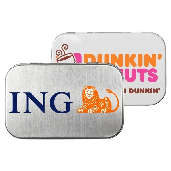 Rectangular Tin with Ribbon Shaped Mints... from ASI 44900 NC Custom (CI/Lanco) / Chocolate Inn