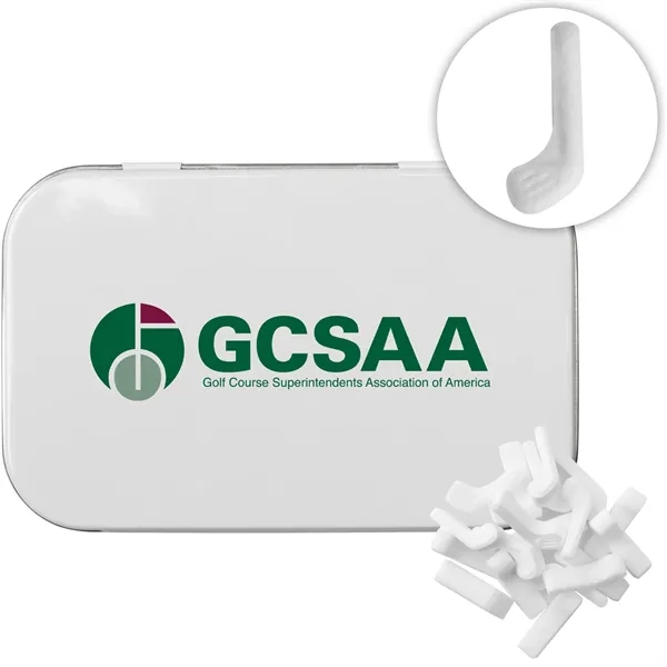Rectangular Tin with Golf Club Shaped Mints... from ASI 44900 NC Custom (CI/Lanco) / Chocolate Inn