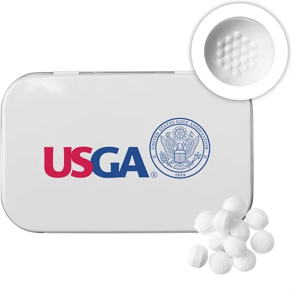 Rectangular Tin with Golf Ball Shaped Mints... from ASI 44900 NC Custom (CI/Lanco) / Chocolate Inn