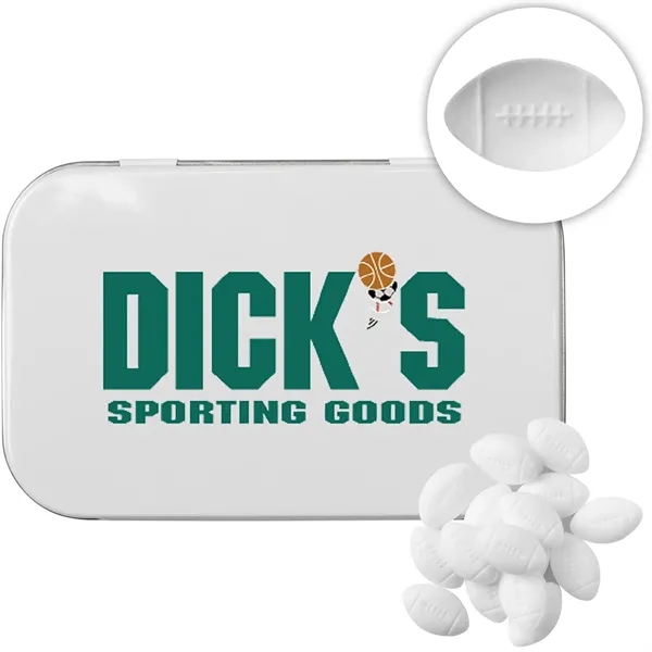 Rectangular Tin with Football Shaped Mints... from ASI 44900 NC Custom (CI/Lanco) / Chocolate Inn