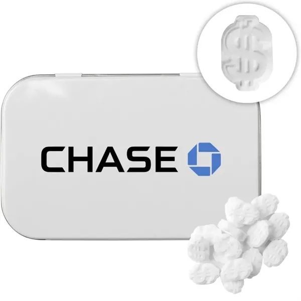 Rectangular Tin with Dollar Sign Shaped Mints... from ASI 44900 NC Custom (CI/Lanco) / Chocolate Inn