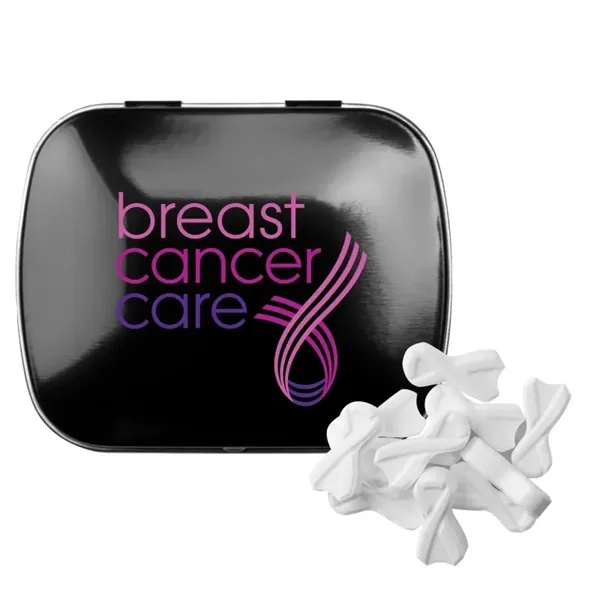 Customizable domed tin filled with ribbon shaped, sugar-free mints; includes full... from ASI 44900 NC Custom (CI/Lanco) / Chocolate Inn Chocolate Inn/Taylor & Grant Lanco