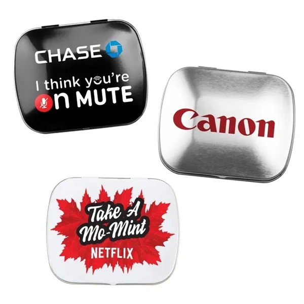 Customizable domed tin filled with ribbon shaped, sugar-free mints; includes full... from ASI 44900 NC Custom (CI/Lanco) / Chocolate Inn Chocolate Inn/Taylor & Grant Lanco