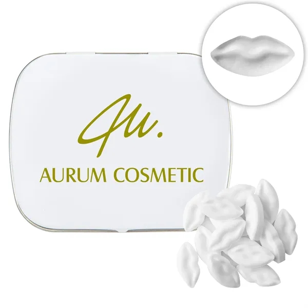 Customizable domed tin filled with lip shaped, sugar-free mints; includes full... from ASI 44900 NC Custom (CI/Lanco) / Chocolate Inn Chocolate Inn/Taylor & Grant Lanco