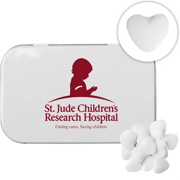 Customizable domed tin filled with heart shaped, sugar-free mints; includes full... from ASI 44900 NC Custom (CI/Lanco) / Chocolate Inn Chocolate Inn/Taylor & Grant Lanco