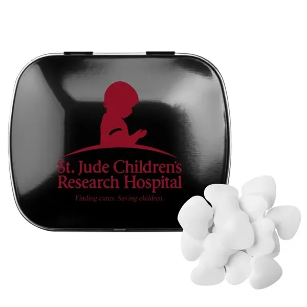 Customizable domed tin filled with heart shaped, sugar-free mints; includes full... from ASI 44900 NC Custom (CI/Lanco) / Chocolate Inn Chocolate Inn/Taylor & Grant Lanco