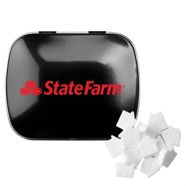 Customizable domed tin filled with house shaped, sugar-free mints; includes full... from ASI 44900 NC Custom (CI/Lanco) / Chocolate Inn Chocolate Inn/Taylor & Grant Lanco