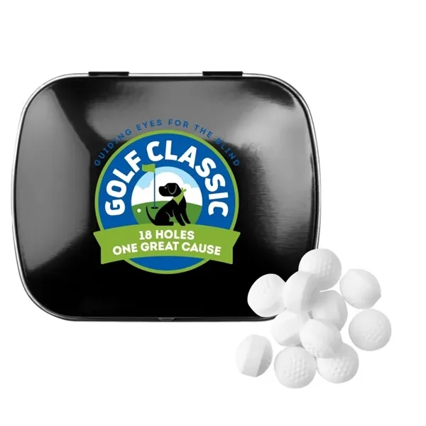 Customizable domed tin filled with golf ball shaped, sugar-free mints; includes... from ASI 44900 NC Custom (CI/Lanco) / Chocolate Inn Chocolate Inn/Taylor & Grant Lanco