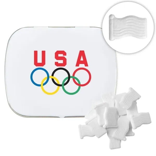 Customizable domed tin filled with flag shaped, sugar-free mints; includes full... from ASI 44900 NC Custom (CI/Lanco) / Chocolate Inn Chocolate Inn/Taylor & Grant Lanco