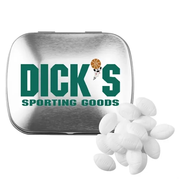 Customizable domed tin filled with football shaped, sugar-free mints; includes full... from ASI 44900 NC Custom (CI/Lanco) / Chocolate Inn Chocolate Inn/Taylor & Grant Lanco