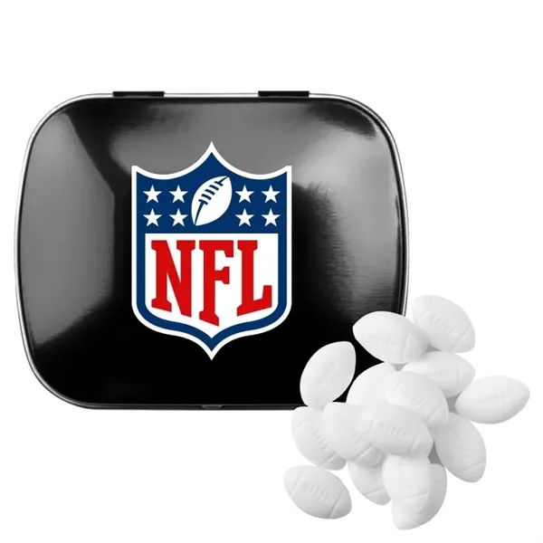 Customizable domed tin filled with football shaped, sugar-free mints; includes full... from ASI 44900 NC Custom (CI/Lanco) / Chocolate Inn Chocolate Inn/Taylor & Grant Lanco