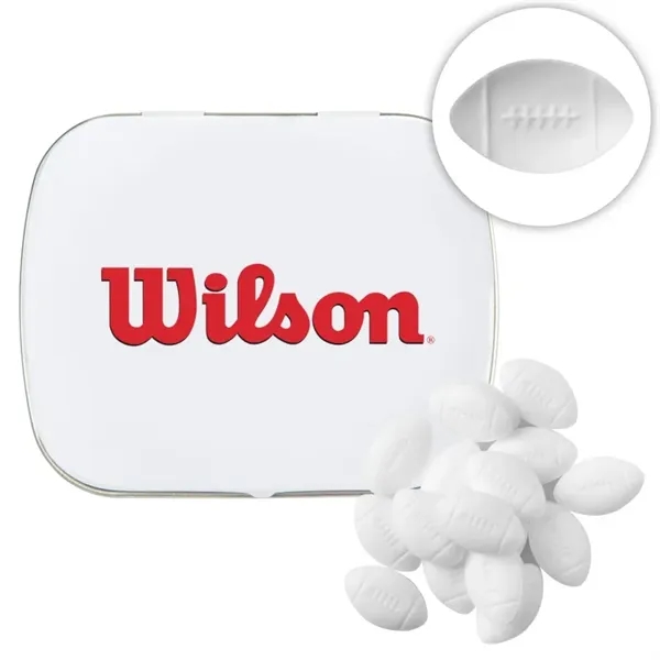 Customizable domed tin filled with football shaped, sugar-free mints; includes full... from ASI 44900 NC Custom (CI/Lanco) / Chocolate Inn Chocolate Inn/Taylor & Grant Lanco