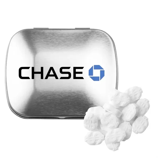 Customizable domed tin filled with dollar sign shaped, sugar-free mints; includes... from ASI 44900 NC Custom (CI/Lanco) / Chocolate Inn Chocolate Inn/Taylor & Grant Lanco