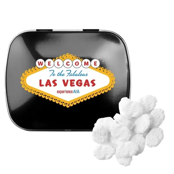 Customizable domed tin filled with dollar sign shaped, sugar-free mints; includes... from ASI 44900 NC Custom (CI/Lanco) / Chocolate Inn Chocolate Inn/Taylor & Grant Lanco
