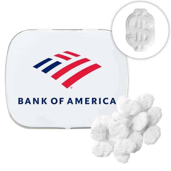 Customizable domed tin filled with dollar sign shaped, sugar-free mints; includes... from ASI 44900 NC Custom (CI/Lanco) / Chocolate Inn Chocolate Inn/Taylor & Grant Lanco