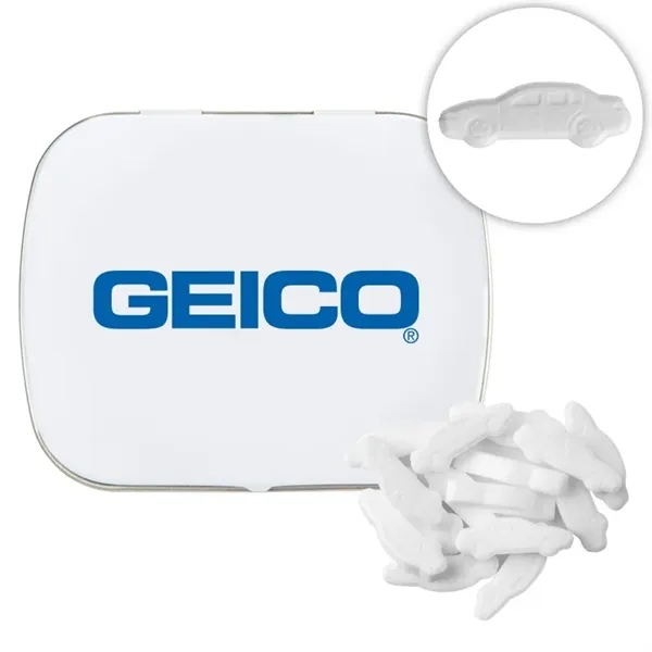 Customizable domed tin filled with car shaped, sugar-free mints; includes full... from ASI 44900 NC Custom (CI/Lanco) / Chocolate Inn/Taylor & Grant