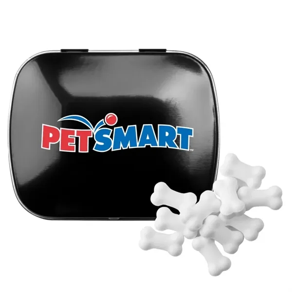 Customizable domed tin filled with bone shaped, sugar-free mints; includes full... from ASI 44900 NC Custom (CI/Lanco) / Chocolate Inn Chocolate Inn/Taylor & Grant Lanco