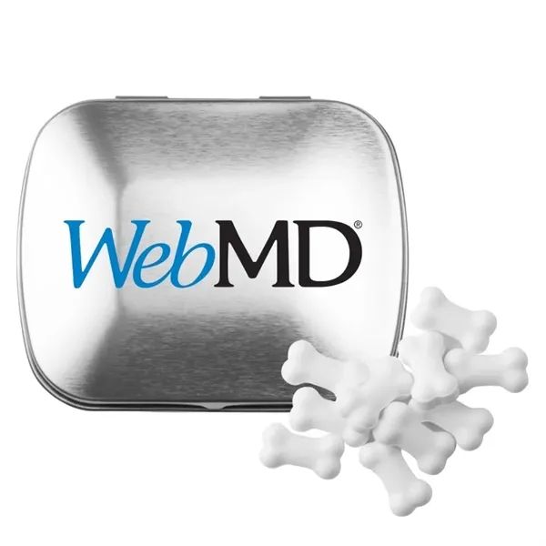 Customizable domed tin filled with bone shaped, sugar-free mints; includes full... from ASI 44900 NC Custom (CI/Lanco) / Chocolate Inn Chocolate Inn/Taylor & Grant Lanco