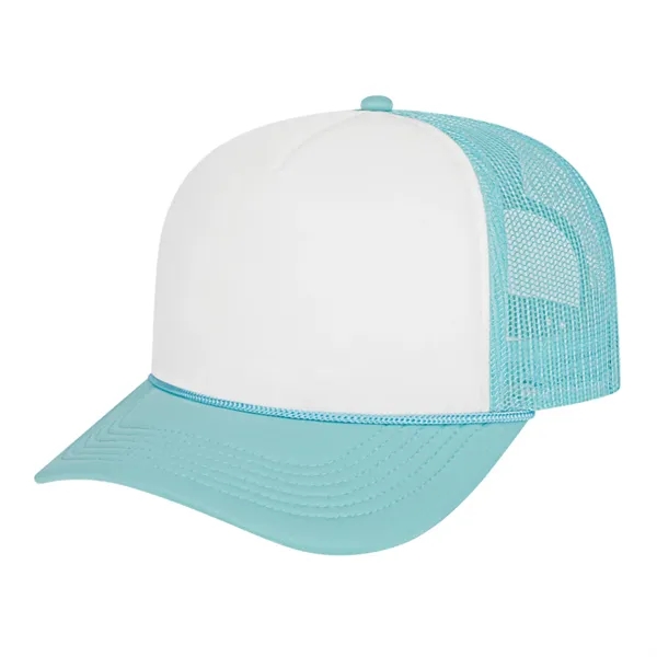 Medium profile five panel structured cap with a modified flat visor... from ASI 43792 Cap America Inc