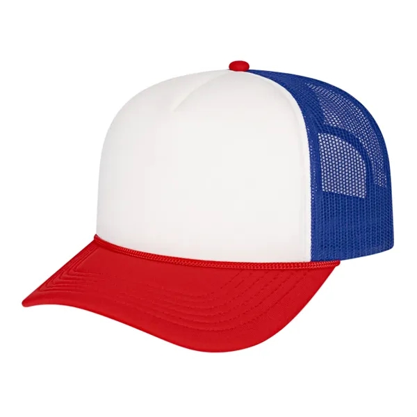 Medium profile five panel structured cap with a modified flat visor... from ASI 43792 Cap America Inc
