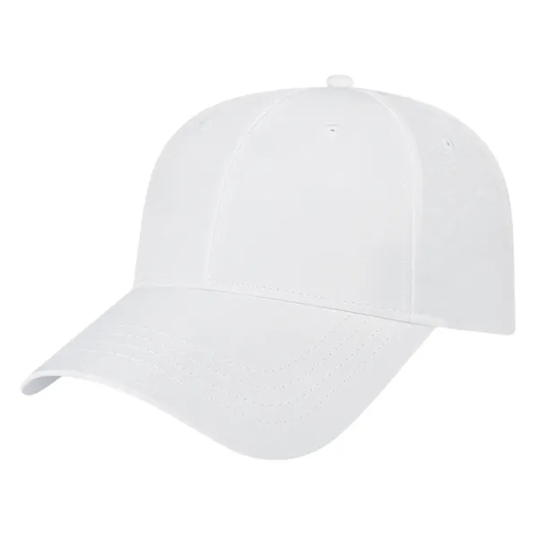 Polyester medium profile six panel structured performance cap with fabric strap... from ASI 43792 Cap America Inc