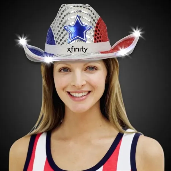 Red. white, and blue sequined LED cowboy hat.... from ASI 42016 Brighter Promotions Inc