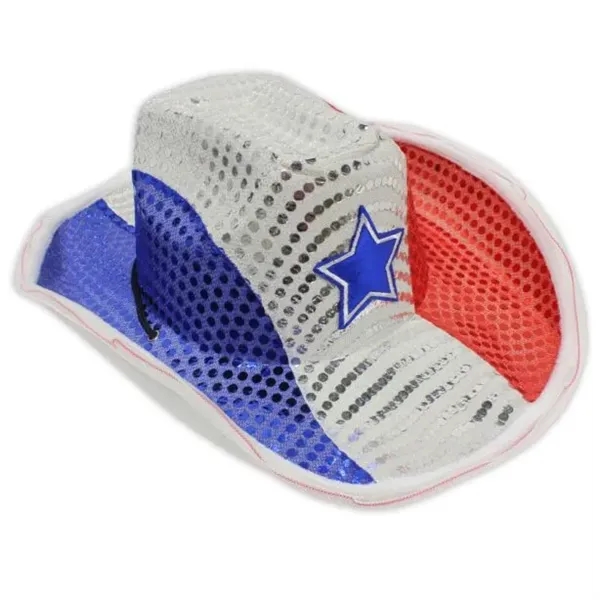 Red. white, and blue sequined LED cowboy hat.... from ASI 42016 Brighter Promotions Inc