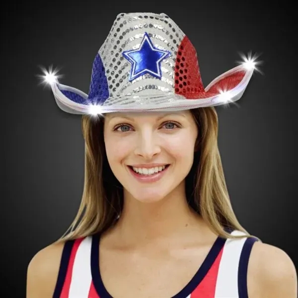 Red. white, and blue sequined LED cowboy hat.... from ASI 42016 Brighter Promotions Inc