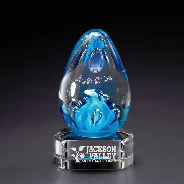 Tear drop shaped cobalt blue award made of glass with a... from ASI 68507 The Magnet Group / Benchmark Crystal & Clocks