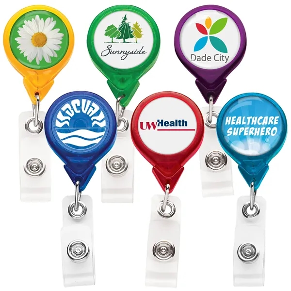 Round retractable badge reel in translucent colors, alligator clip back, anti-twist... from ASI 49470 DEVARA