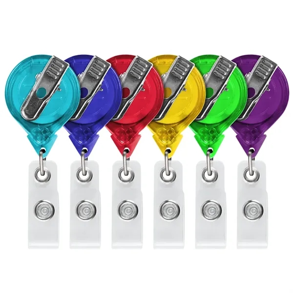 Round retractable badge reel in translucent colors, alligator clip back, anti-twist... from ASI 49470 DEVARA
