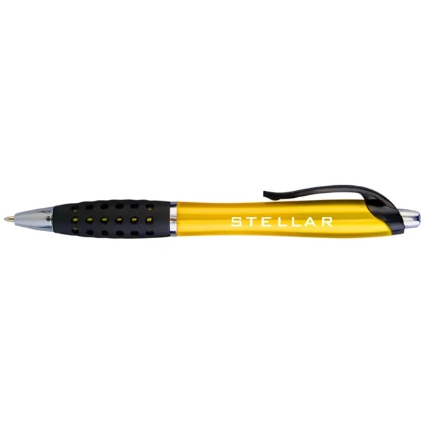 Plunger-action pen with curved pocket clip, dimpled black rubber grip section,... from ASI 57653 Gold Bond