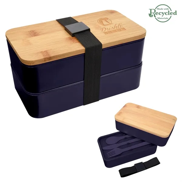 Double-tier stackable bento lunch set with a plastic fork, knife, and... from ASI 61125 Hit Promotional Products / Hit®