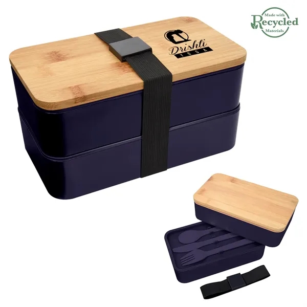 Double-tier stackable bento lunch set with a plastic fork, knife, and... from ASI 61125 Hit Promotional Products / Hit®