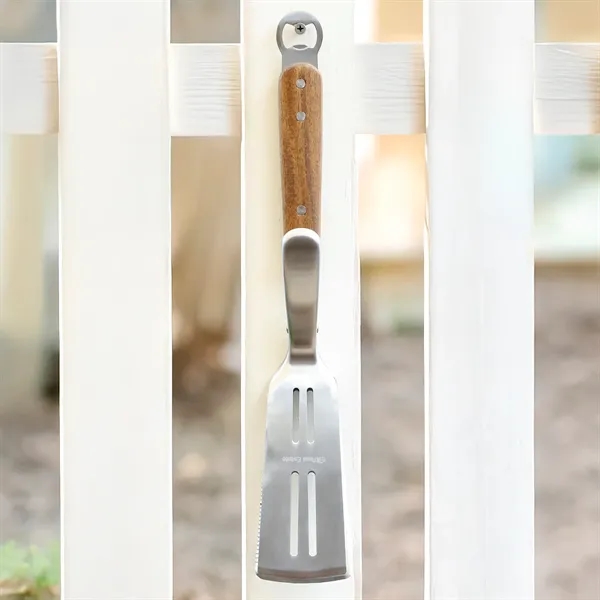 Dual stainless steel spatula/turner with bottle opener and beveled and serrated... from ASI 61966 HPG / Beacon Promotions