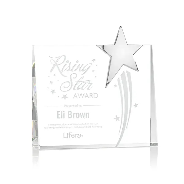 Rectangle optical crystal award with a chrome star mounted to the... from ASI 84592 St Regis Group / St Regis