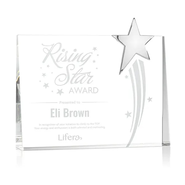 Rectangle optical crystal award with a chrome star mounted to the... from ASI 84592 St Regis Group / St Regis